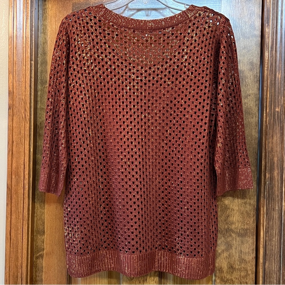 Reba Sweater Copper Gold Metallic Open Weave Crocheted Sz L‎ Matching Cami EUC - Picture 2 of 14